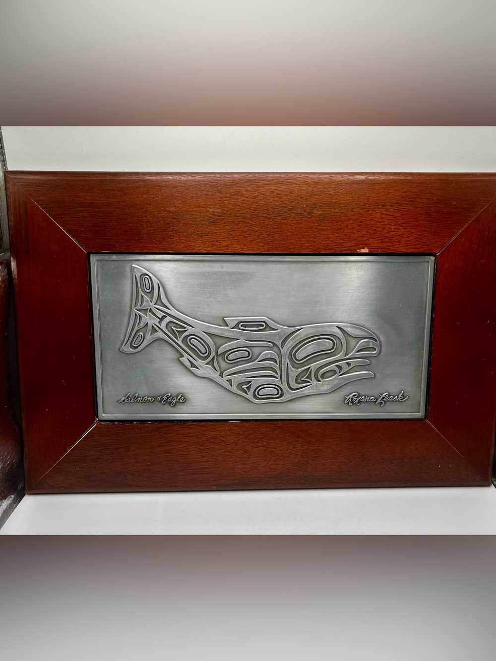 Roxana Leask Alaskan Art Whale Pewter & Wooden Wall Hanging Plaque